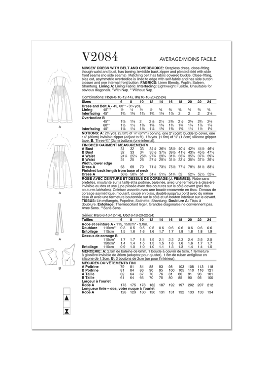 Vogue Schnittmuster V2084 Damen Kleid mit Gürtel und Überbrustband