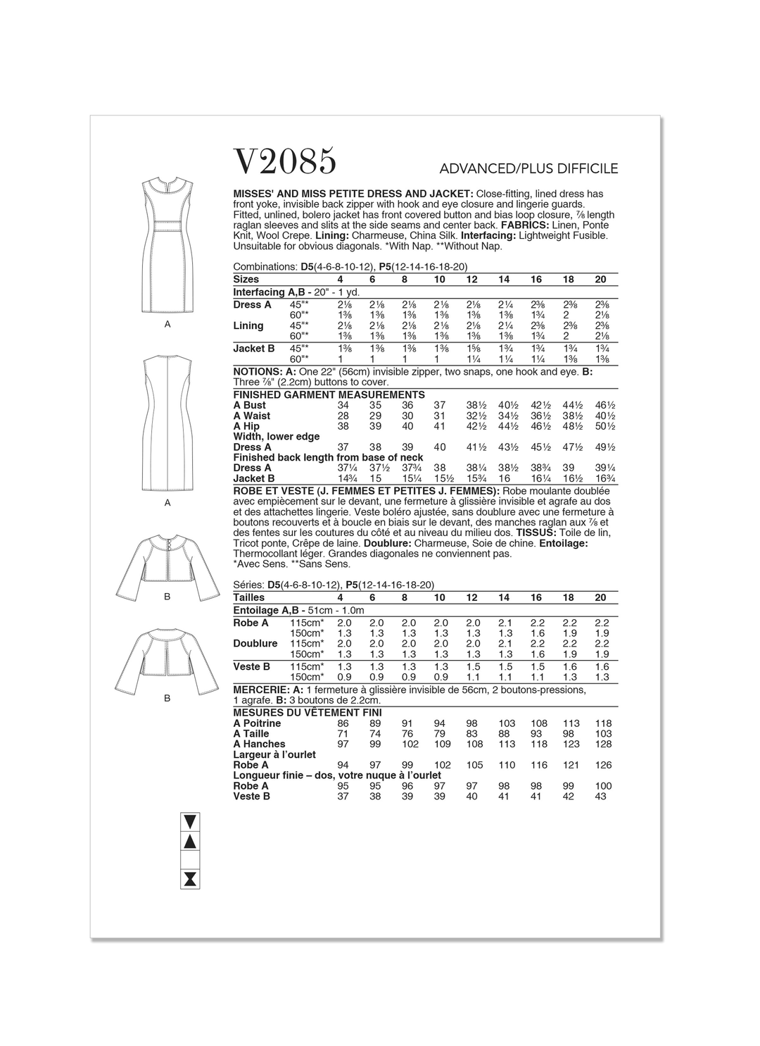 Vogue Schnittmuster V2085 Damen Kleid und Jacke von Tom und Linda Platt
