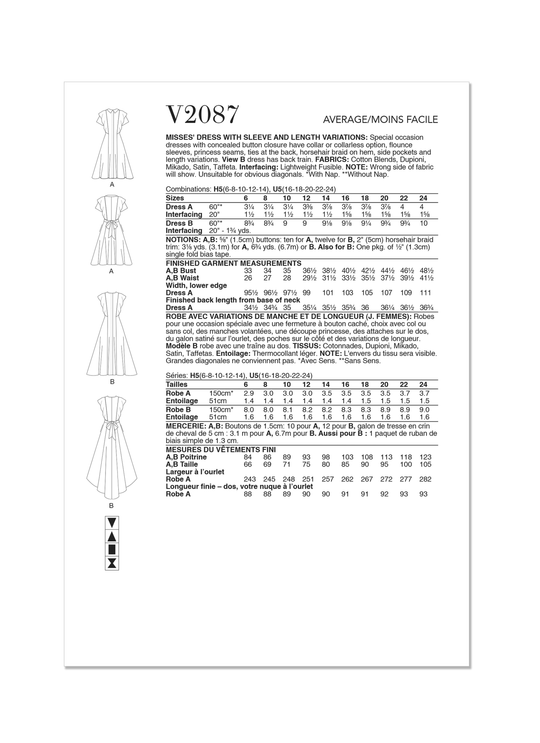 Vogue Schnittmuster V2087 Damen Kleid mit Ärmel- und Längenvariationen