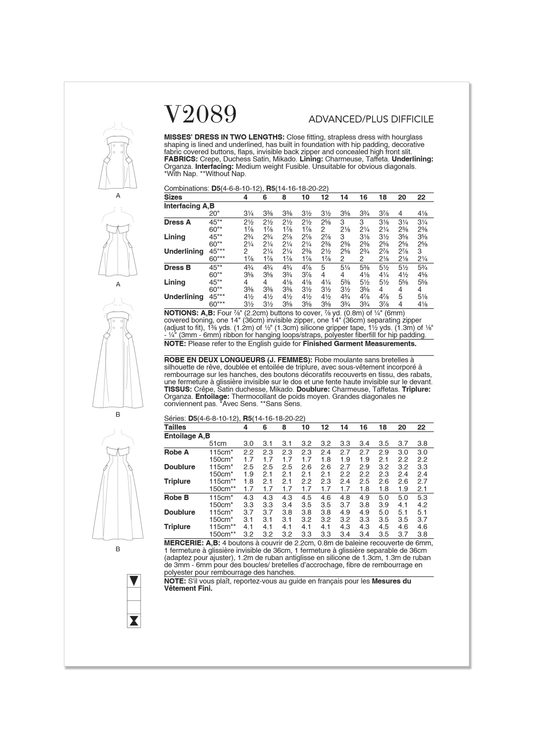 Vogue Schnittmuster V2089 Damen Kleid in zwei Längen