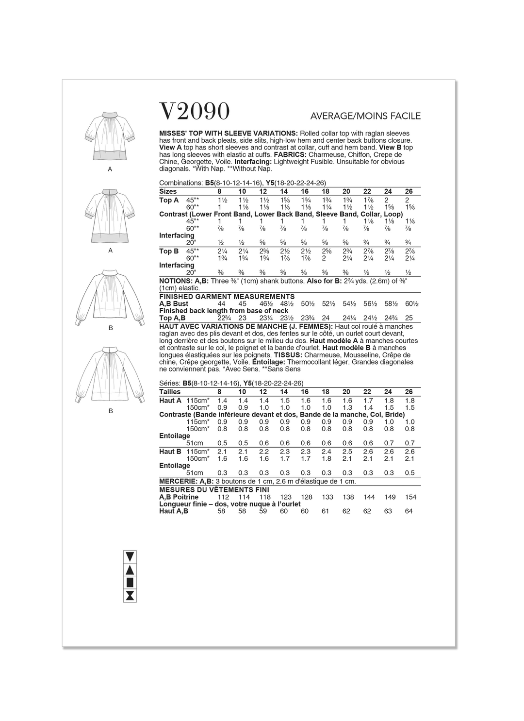Vogue Schnittmuster V2090 Damen Top mit Ärmelvariationen