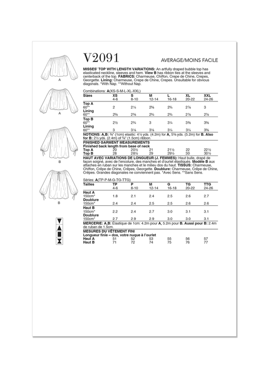 Vogue Schnittmuster V2091 Damen Top mit Längenvariationen