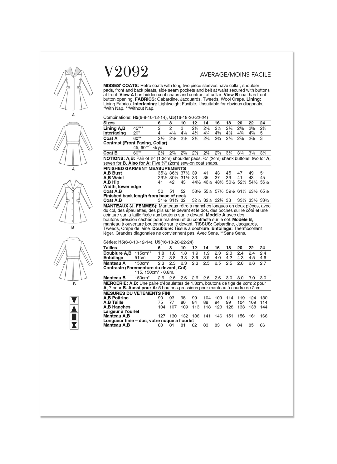 Vogue Schnittmuster V2092 Damen Mantel