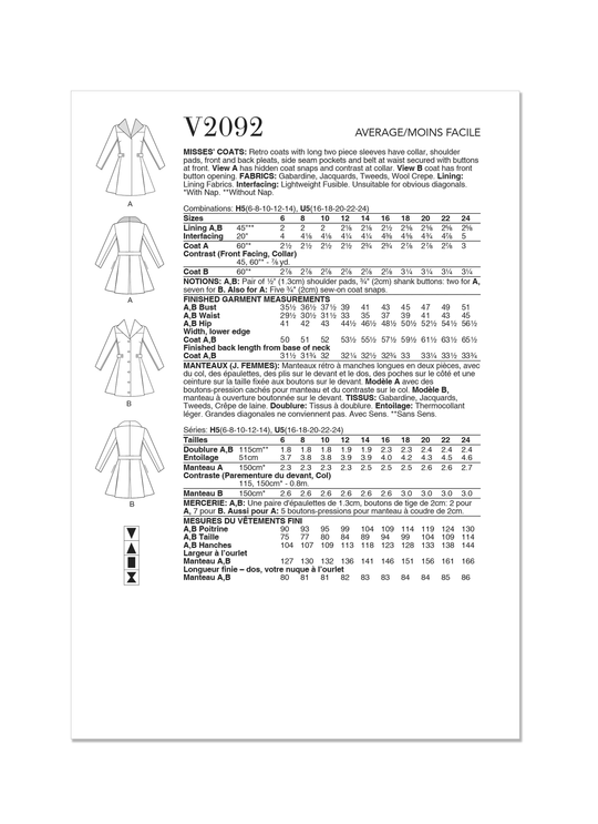 Vogue Schnittmuster V2092 Damen Mantel