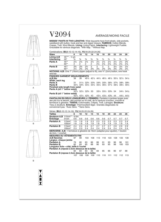 Vogue Schnittmuster V2094 Damen Hose in zwei Längen