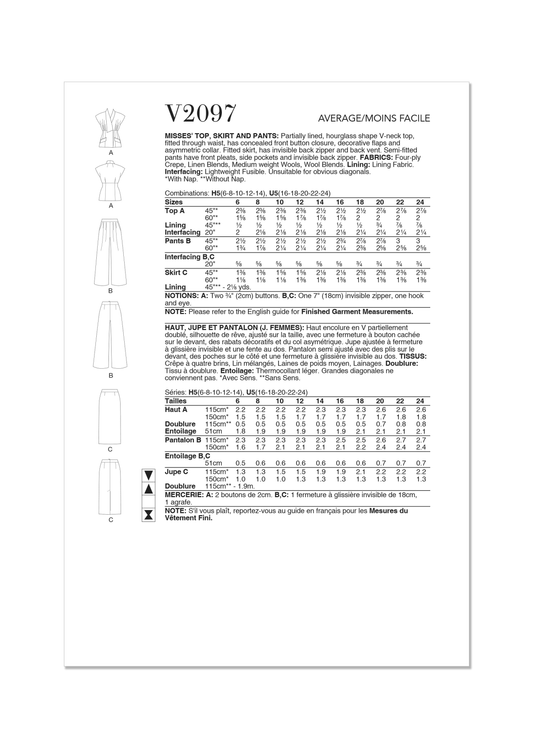 Vogue Schnittmuster V2097 Damen Top, Rock und Hose