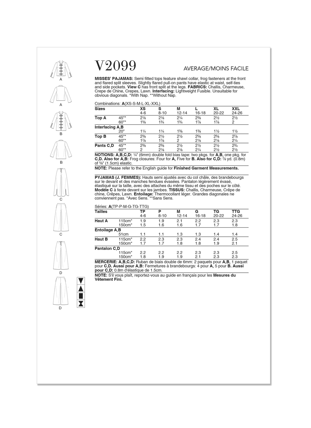 Vogue Schnittmuster V2099 Damen Schlafanzug