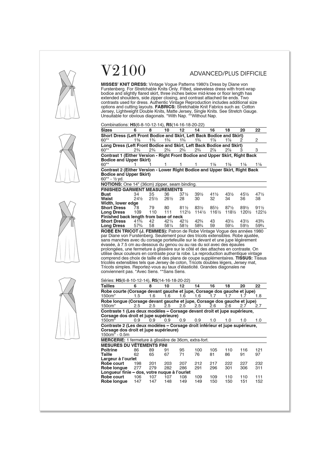 Vogue Schnittmuster V2100 Damen Strickleid von  Diane Von Furstenberg