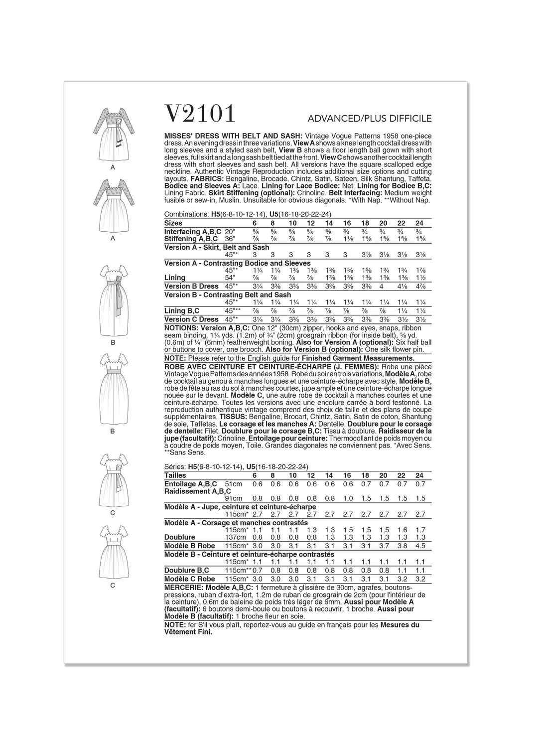 Vogue Schnittmuster V2101 Damen  Kleid mit Gürtel und Schärpe