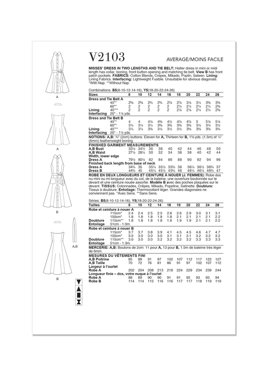 Vogue Schnittmuster  V2103 Kleid für Damen in zwei Längen und Bindegürtel