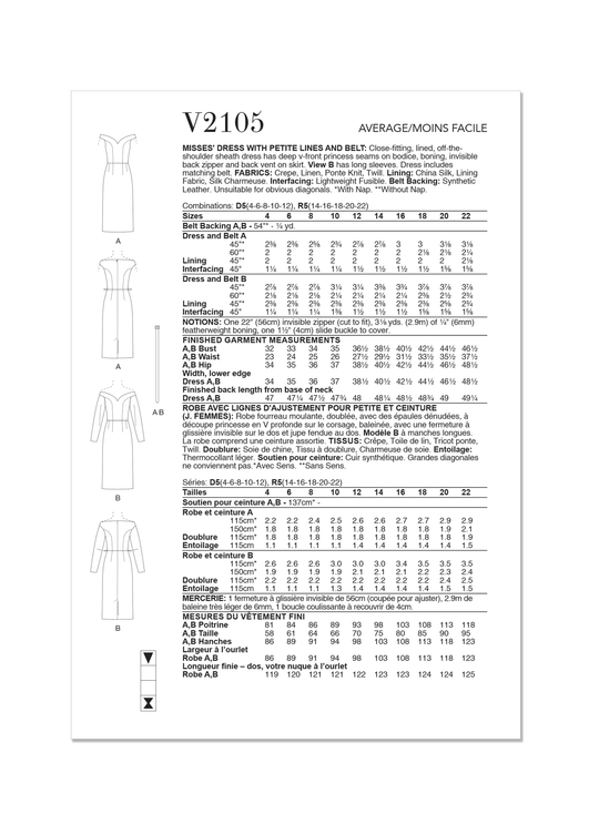 Vogue Schnittmuster  V2105 Kleid für Damen mit zierlichen Linien und Gürtel