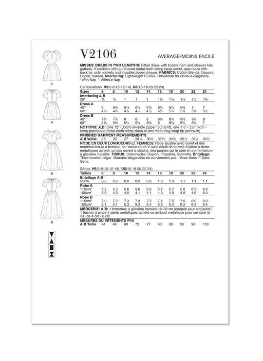 Vogue Schnittmuster  V2106 Kleid für Damen in zwei Längen