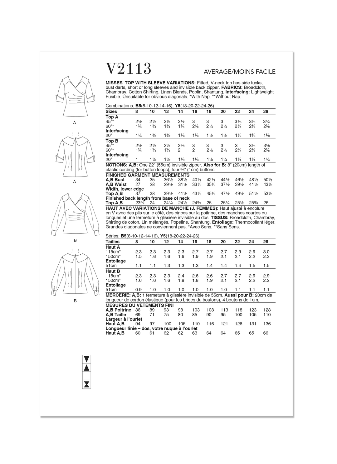 Vogue Schnittmuster  V2113 Oberteil für Damen mit Ärmelvariationen