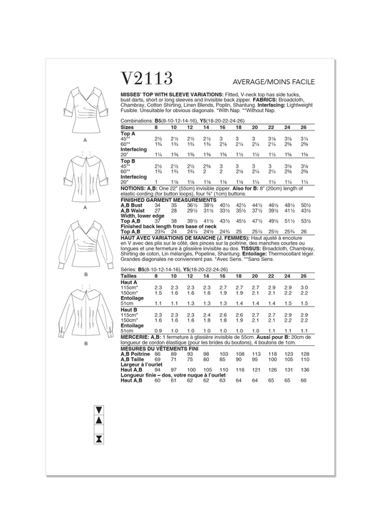 Vogue Schnittmuster  V2113 Oberteil für Damen mit Ärmelvariationen