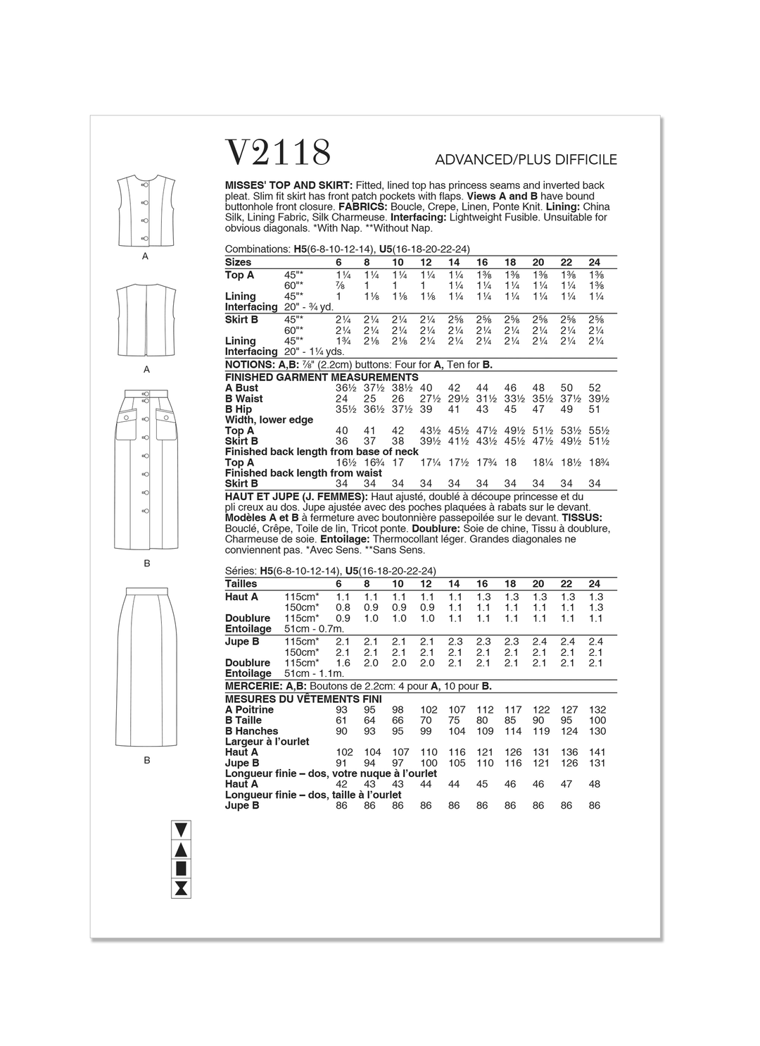 Vogue Schnittmuster  V2118 Oberteil und Rock für Damen