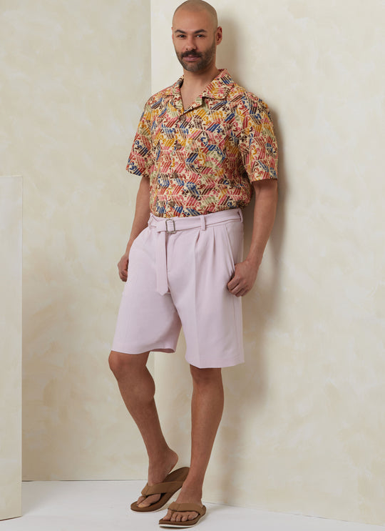 Vogue Schnittmuster  V2120 Herrenhemd mit Ärmelvariationen, Shorts, Hose und Gürtel