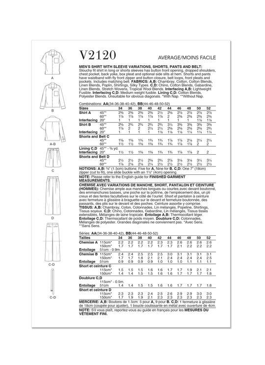 Vogue Schnittmuster  V2120 Herrenhemd mit Ärmelvariationen, Shorts, Hose und Gürtel