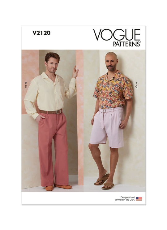 Vogue Schnittmuster  V2120 Herrenhemd mit Ärmelvariationen, Shorts, Hose und Gürtel