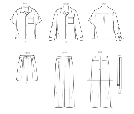 Vogue Schnittmuster  V2120 Herrenhemd mit Ärmelvariationen, Shorts, Hose und Gürtel