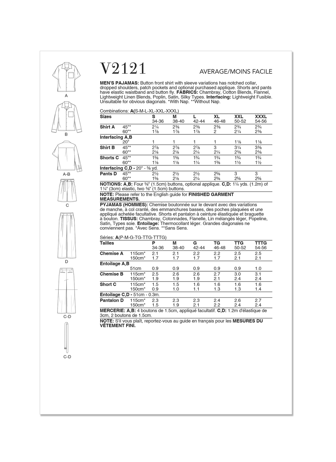 Vogue Schnittmuster  V2121 Herren Pajamas