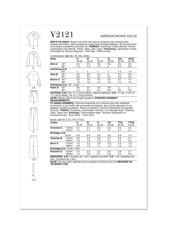 Vogue Schnittmuster  V2121 Herren Pajamas