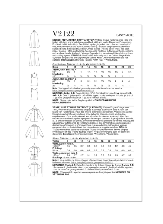Vogue Schnittmuster  V2122 Damen Strick-Jacket, Gürtel, Rock und Oberteil von Diane von Furstenberg