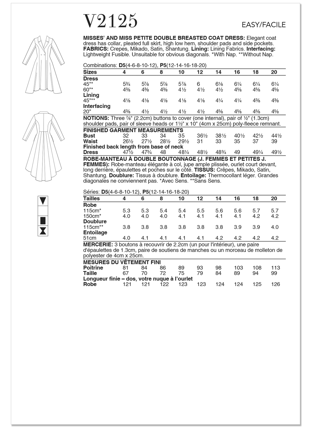 Vogue Schnittmuster V2125 Kleid für Damen mit doppelter Knopfleiste