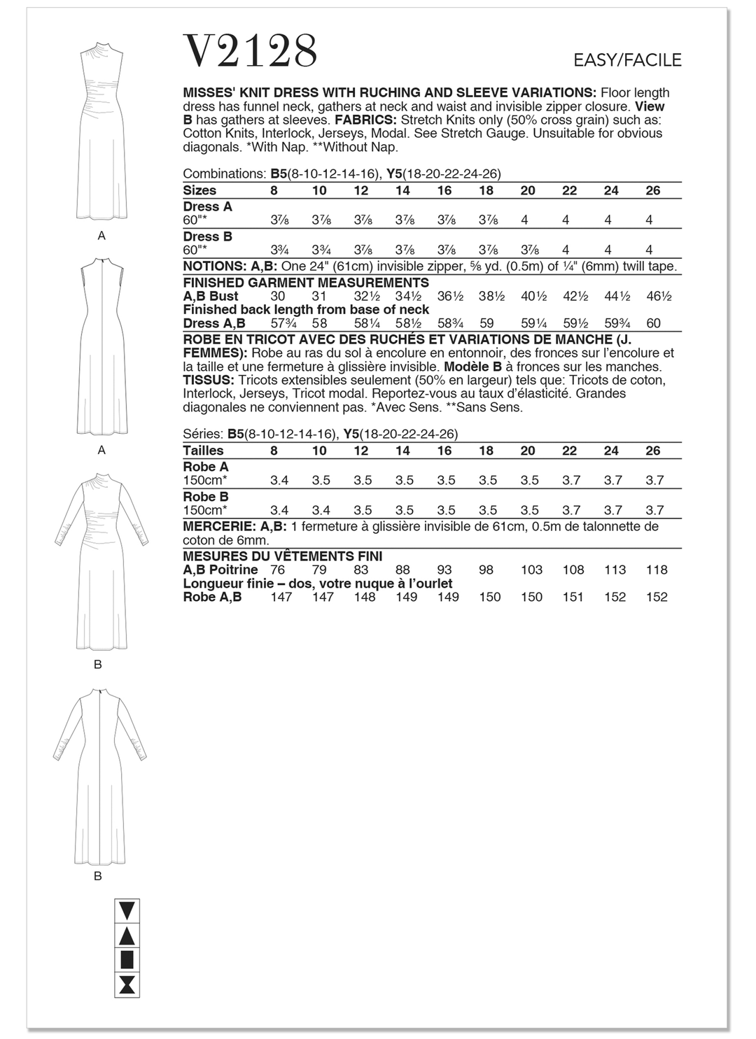 Vogue Schnittmuster V2128 Strickkleid für Damen mit Rüschen und verschiedenen Ärmelvarianten