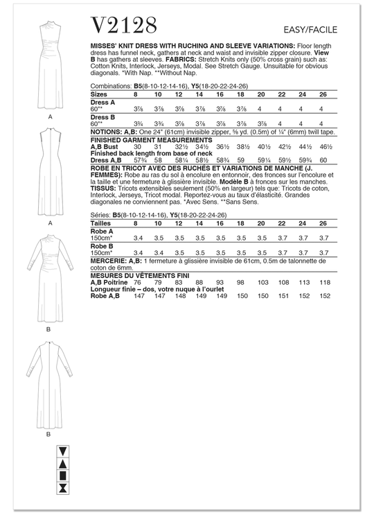 Vogue Schnittmuster V2128 Strickkleid für Damen mit Rüschen und verschiedenen Ärmelvarianten