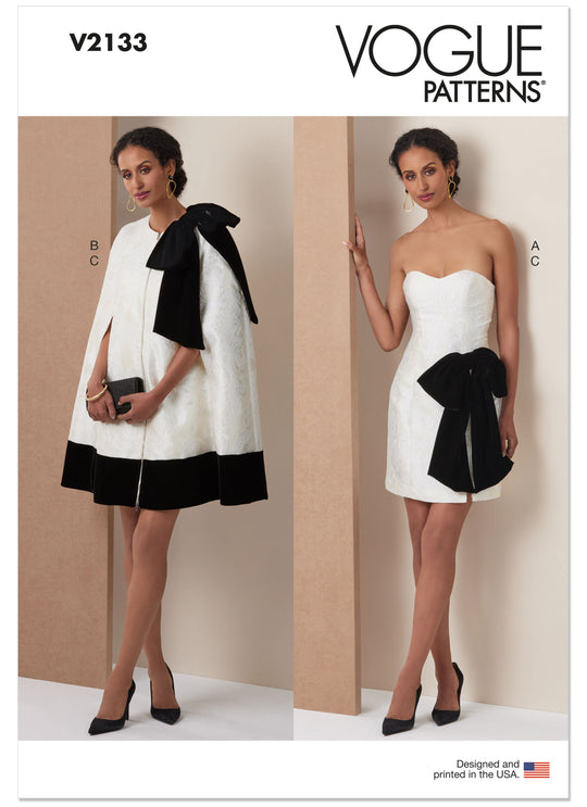 Vogue Schnittmuster V2133 Kurzes Cape und tailliertes Kleid mit abnehmbarer Schleife für Damen