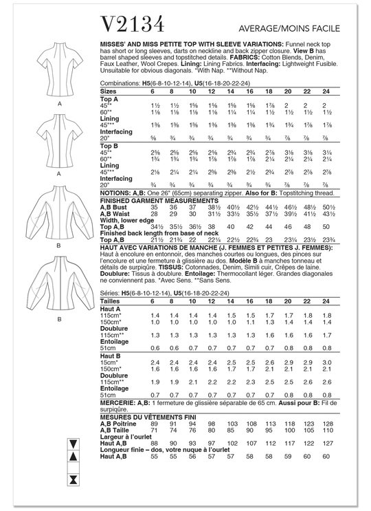 Vogue Schnittmuster V2134 Oberteil mit verschiedenen Ärmelvarianten für Damen und zierliche Damen