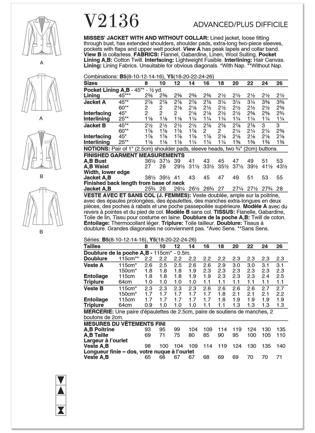 Vogue Schnittmuster V2136 Damenjacke mit und ohne Kragen