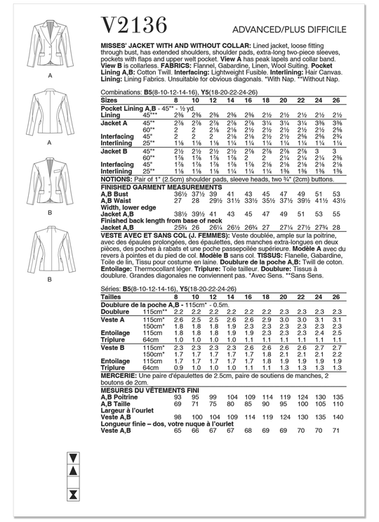 Vogue Schnittmuster V2136 Damenjacke mit und ohne Kragen