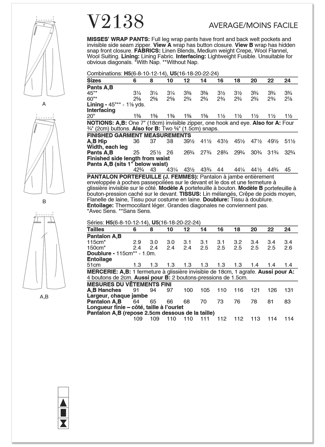 Vogue Schnittmuster V2138 Damen-Wickelhose