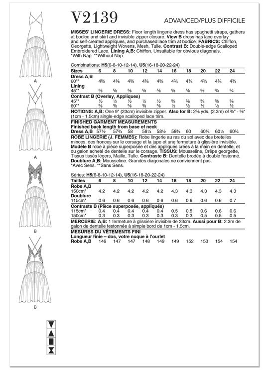 Vogue Schnittmuster V2139 Damen-Lingerie-Kleid