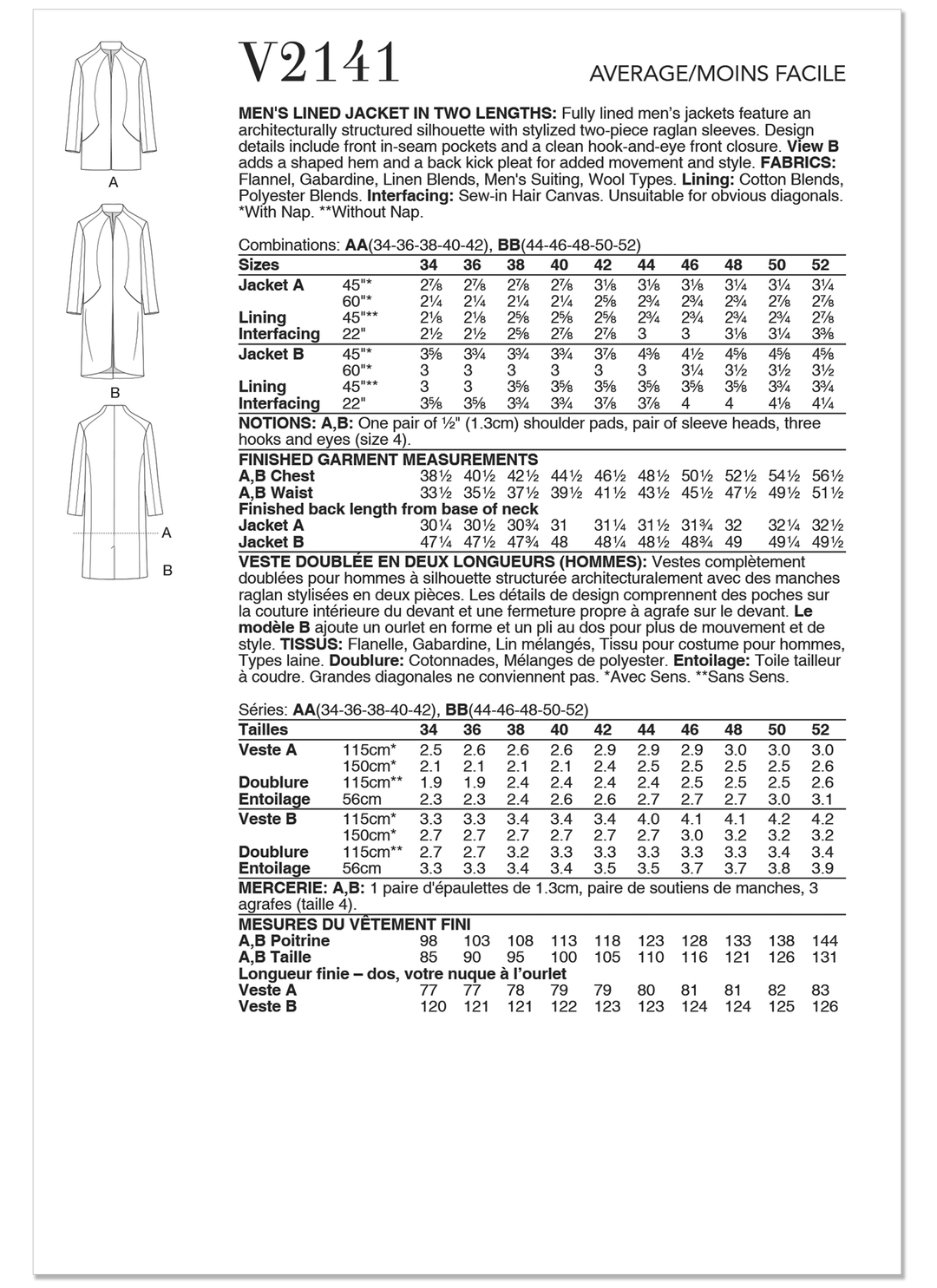 Vogue Schnittmuster V2141 Herren-Jacke mit Futter in zwei Längen