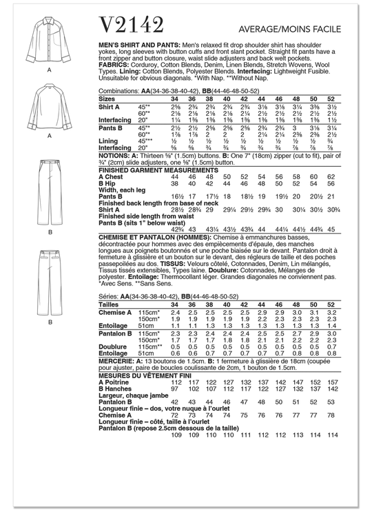 Vogue Schnittmuster V2142 Herrenhemd und Hose
