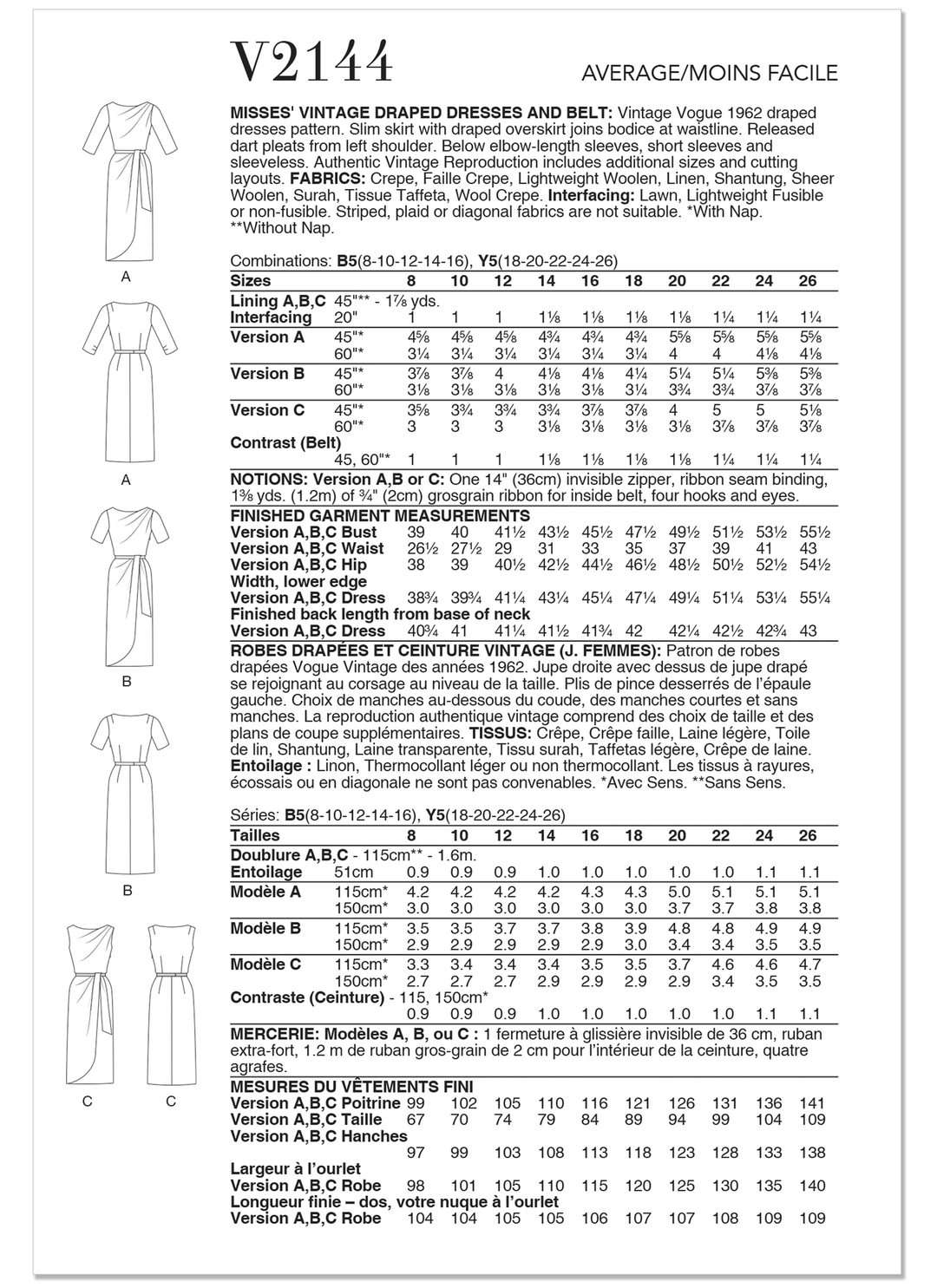 Vogue Schnittmuster V2144 Vintage-Drapierkleider und Gürtel für Damen