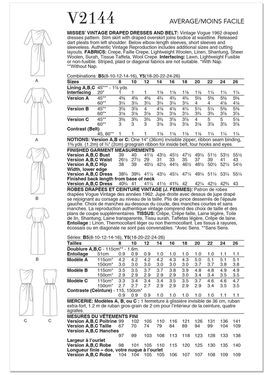 Vogue Schnittmuster V2144 Vintage-Drapierkleider und Gürtel für Damen
