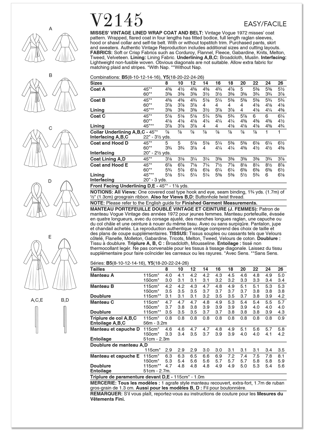 Vogue Schnittmuster V2145 Vintage-gefütterter Wickelmantel und Gürtel für Damen