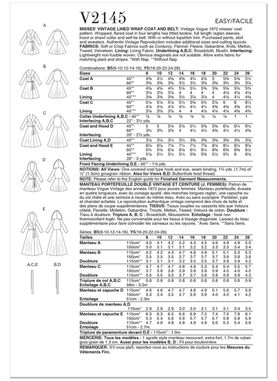Vogue Schnittmuster V2145 Vintage-gefütterter Wickelmantel und Gürtel für Damen