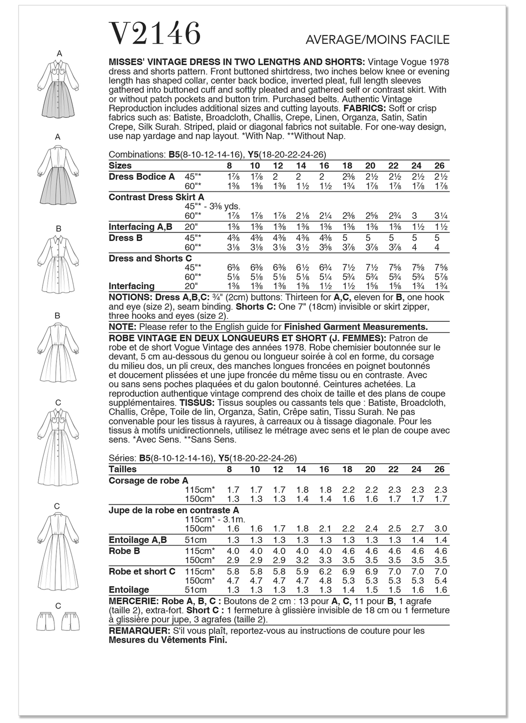 Vogue Schnittmuster V2146 Vintage-Kleid für Damen in zwei Längen und Shorts