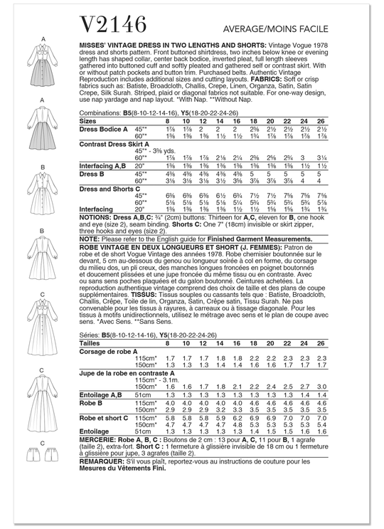 Vogue Schnittmuster V2146 Vintage-Kleid für Damen in zwei Längen und Shorts