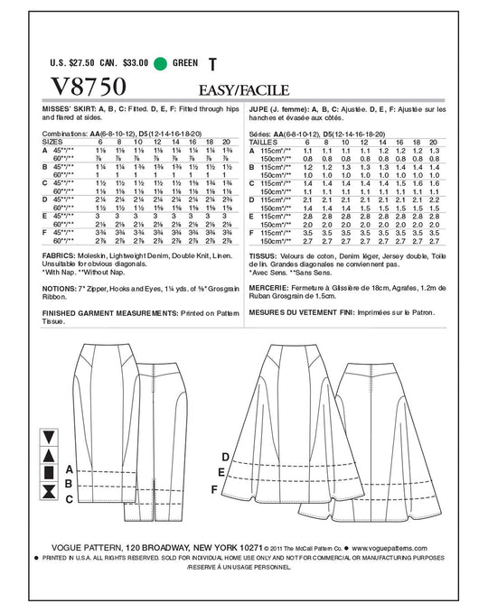 Vogue Schnittmuster V8750 Damen Röcke