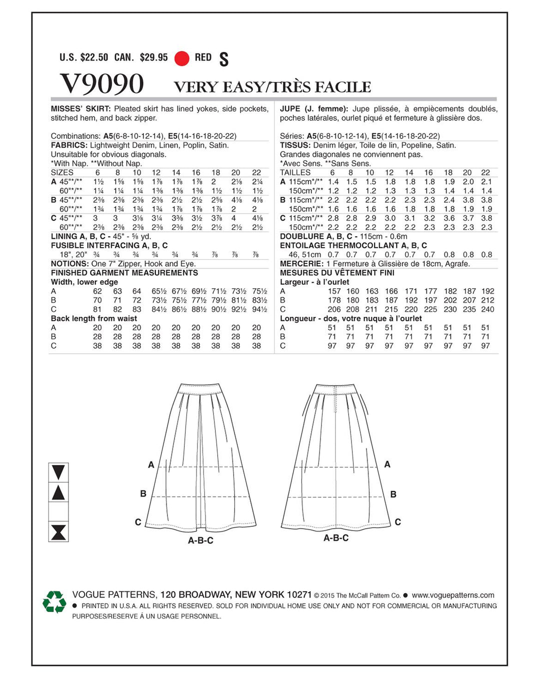 Vogue Schnittmuster V9090 – Damen Faltenrock mit Passe
