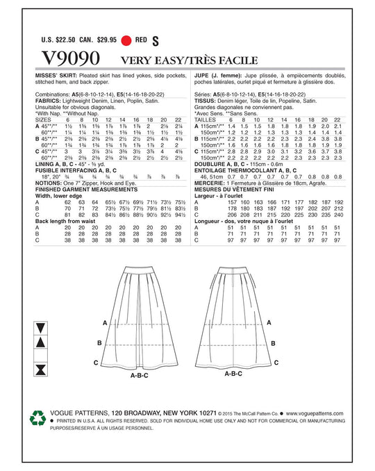 Vogue Schnittmuster V9090 – Damen Faltenrock mit Passe