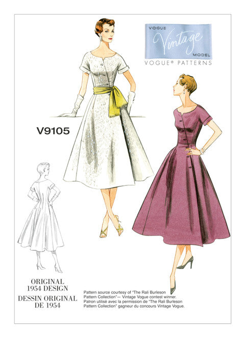Vogue Schnittmuster V9105 Vintage Kleid mit Knopfverschluss und Schärpe 1950er Jahre