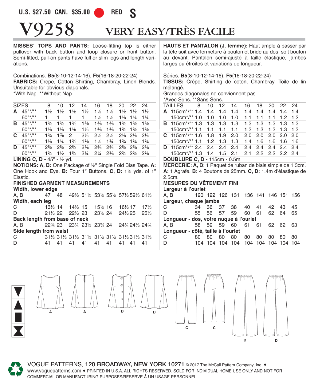 Vogue Schnittmuster V9258 Damen Ärmelloses Top und Hose