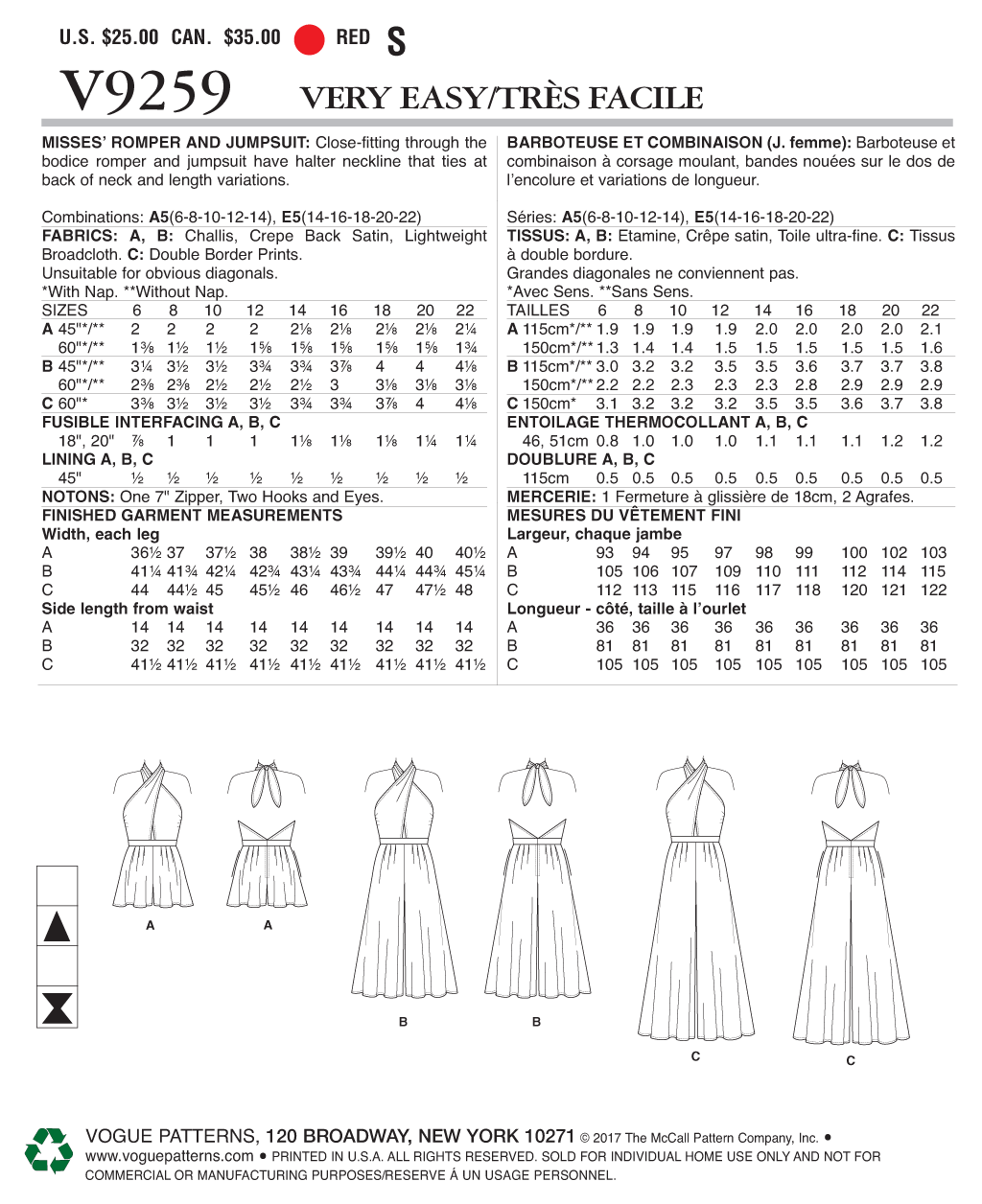 Vogue Schnittmuster V9259 Damen Jumpsuit