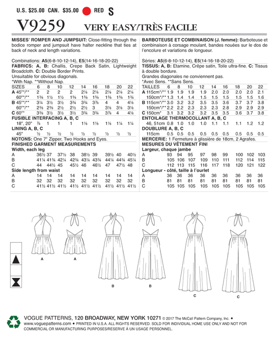 Vogue Schnittmuster V9259 Damen Jumpsuit